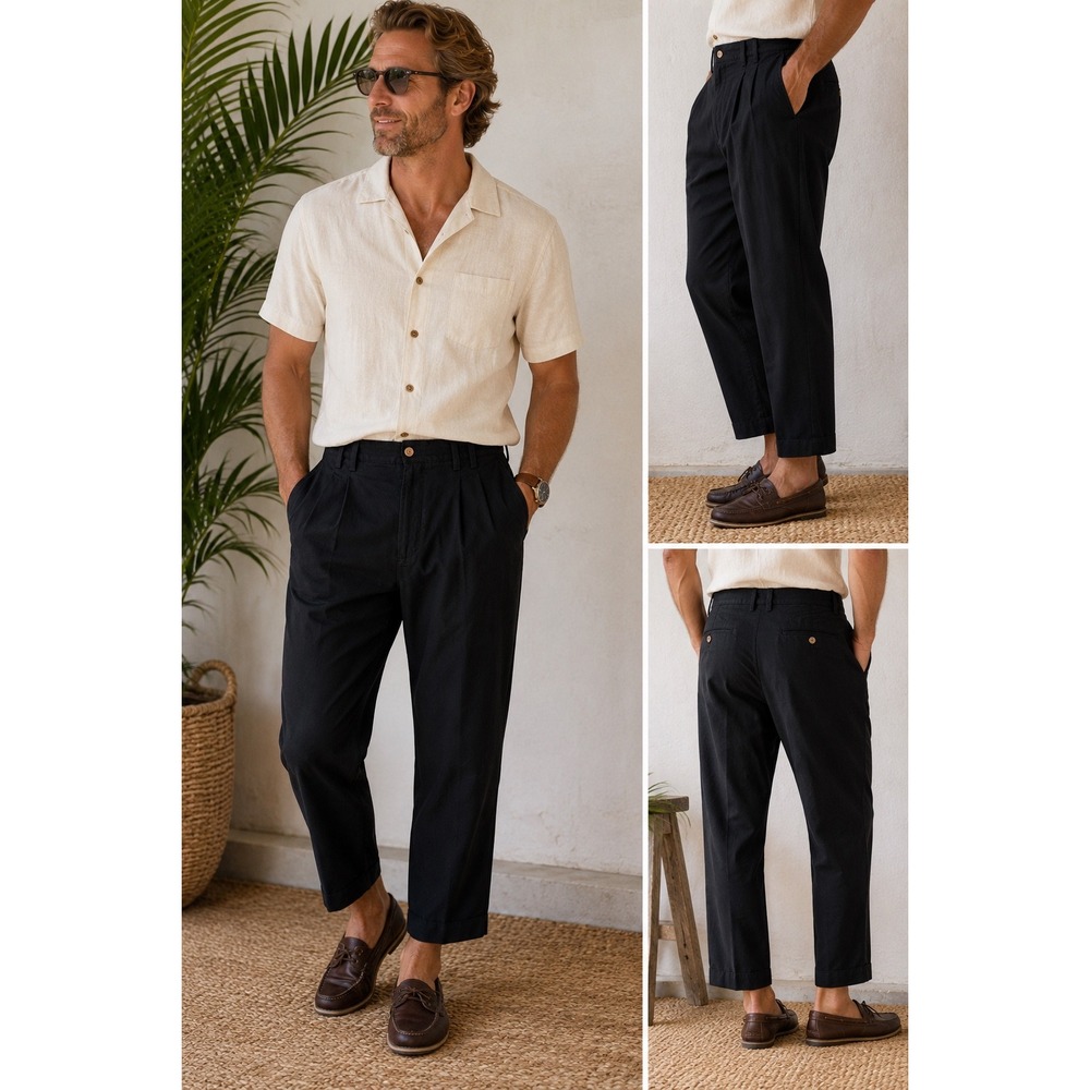 Tommy Bahama Silk Trousers Mens 33 Black Excellent Pleated Cropped Relaxed Pants - Picture 2 of 12